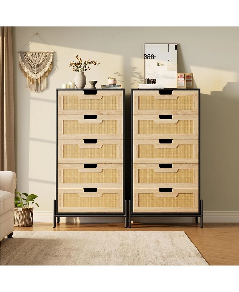 Gaomon 5-Drawer Rattan & Wood Farmhouse Cabinet with Metal Legs – Modern Dresser