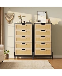 Gaomon 5-Drawer Rattan & Wood Farmhouse Cabinet with Metal Legs – Modern Dresser