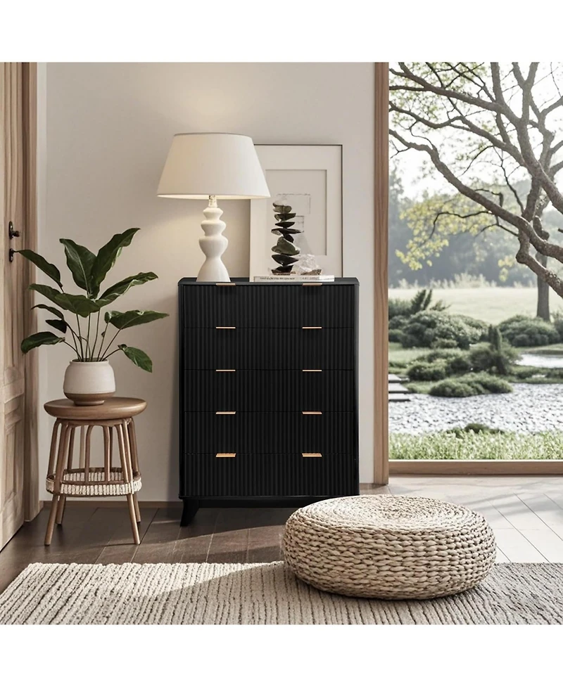 Gaomon 48" Tall Black 5-Drawer Fluted Dresser, Mid-Century Modern Storage Chest for Bedroom, Hallway & Living Room