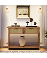 Gaomon Console Table with 2 Drawers Rattan Entryway Table with Storage Boho Sofa Table for Living Room Hallway or Foyer Home Furniture