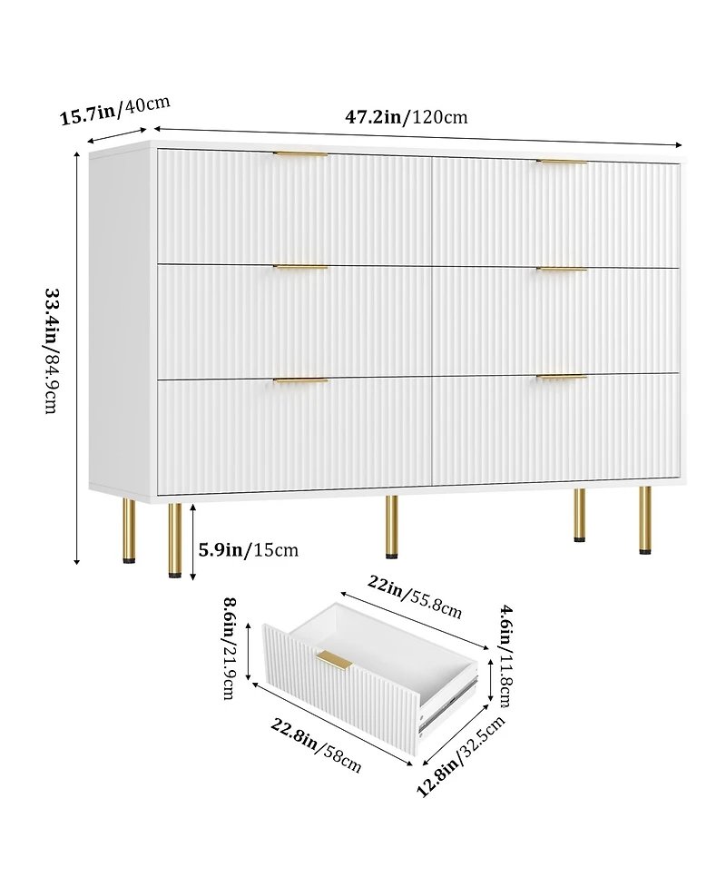Gaomon Fluted Wood Dresser 6 Drawers Dresser for Bedroom, Large Modern Chest of Drawers, Brown Dresser