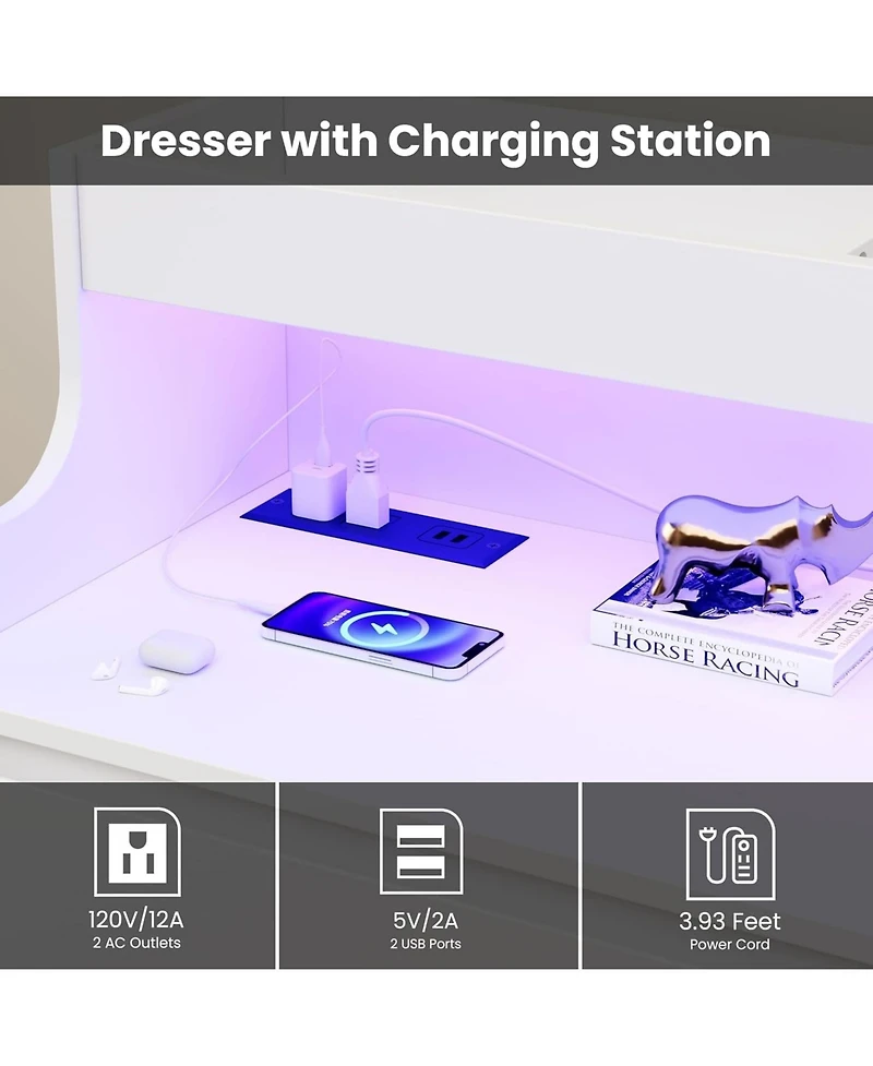 Dresser for Bedroom with 6 Drawers, Modern Chest Featuring Led Lights and Charging Station