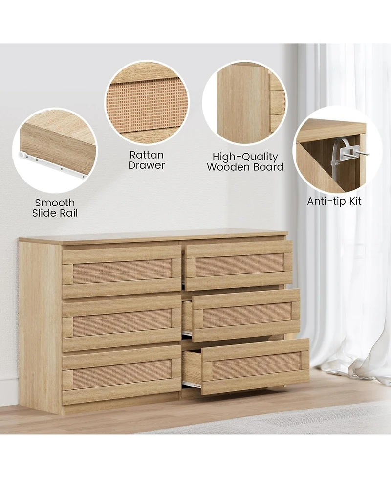 gaomon Rattan 6-Drawer Bedroom Dresser, Wide Wood Chest with Smooth Slide Rails and Anti-Tip Kit