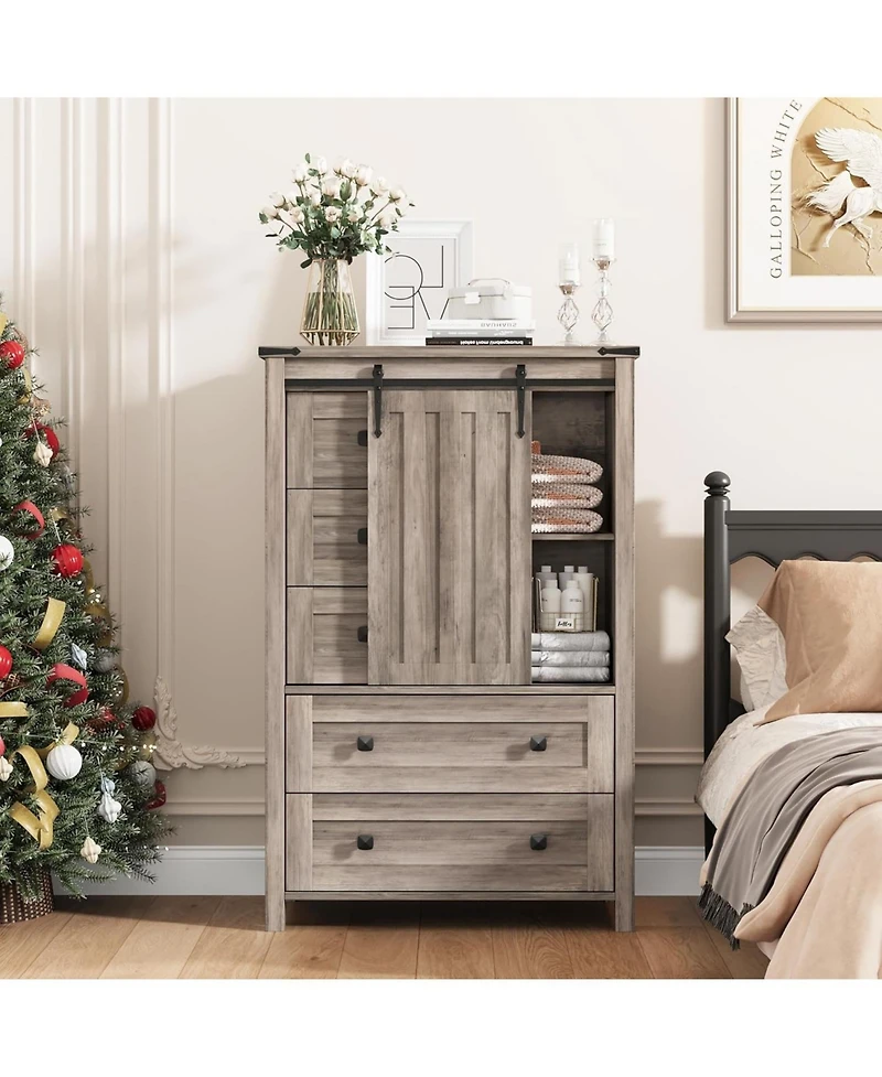 Gaomon Farmhouse 5-Drawer Bedroom Dresser, 48" Wood Chest with Sliding Barn Door, Adjustable Shelf, Large Storage Organizer
