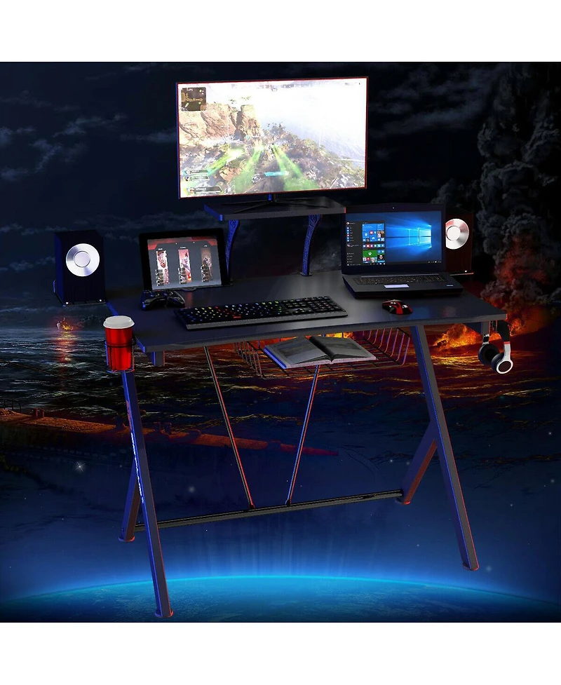 Gymax Gaming Desk Computer Desk Pc Table Workstation with Headphone Hook & Cup Holder