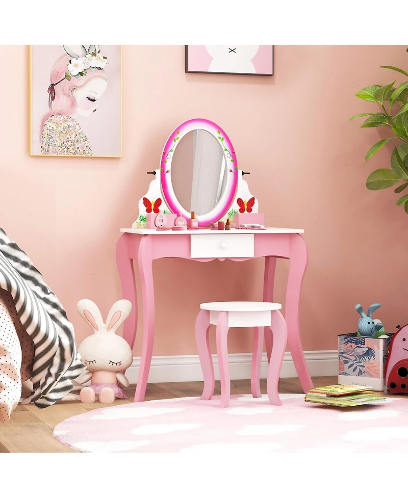 Gymax Kids Vanity Table Stool Set Pretend Play Makeup Desk with Whiteboard Markers