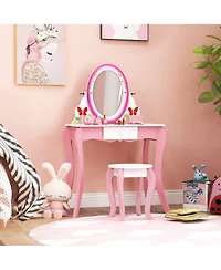 Gymax Kids Vanity Table Stool Set Pretend Play Makeup Desk with Whiteboard Markers