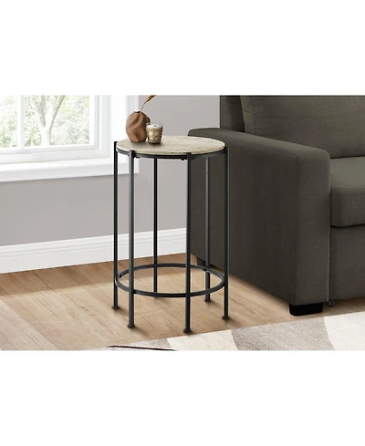 Lovmor Accent Table, End, Round, Side Table, Small, Lamp, Living Room, Bedroom, Nightstand, Cream Stone Laminate, Black Metal, Contemporary