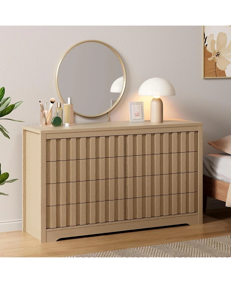 gaomon 8-Drawer Fluted Bedroom Dresser, Modern Handleless Wood Storage Chest with Deep Drawers for Living Room or Hallway, Natural Oak