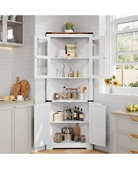 Gaomon 67" Tall Corner Storage Cabinet with Lights, Farmhouse Wooden Hutch Glass Doors, Adjustable Shelves, Display