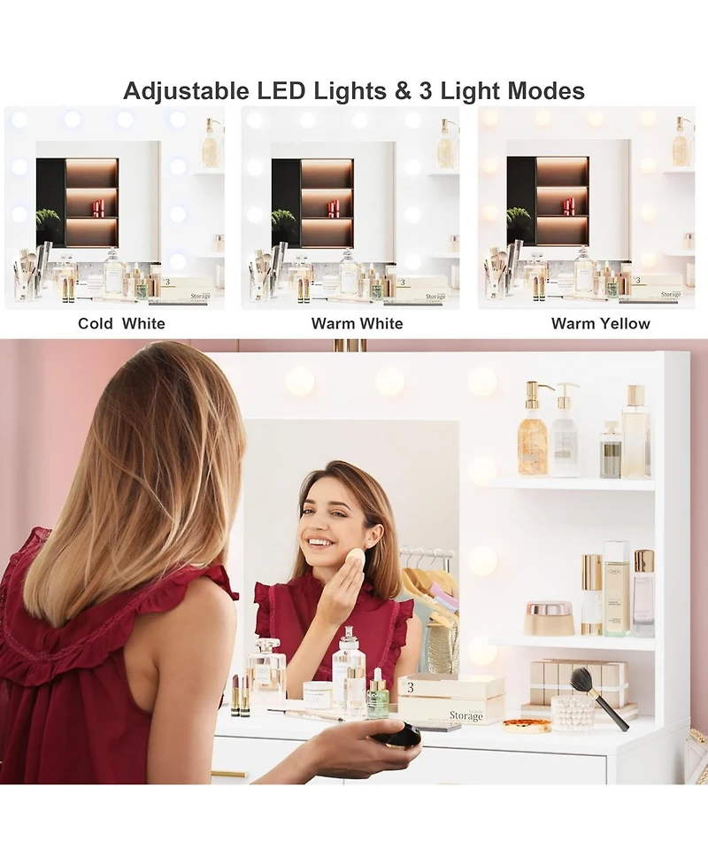 gaomon 61" Vanity Desk with Mirror and Lights, 8 Drawers & 2 Shelves, 3 Lighting Modes, Makeup Adjustable Brightness for Bedroom