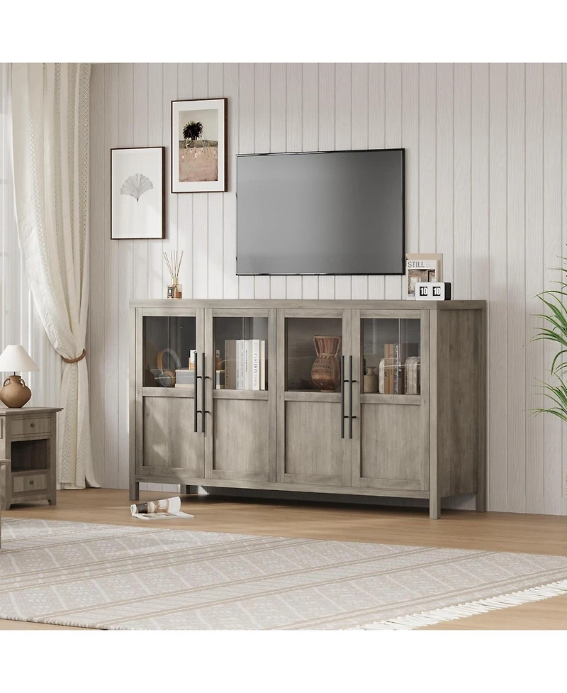 55" Sideboard Buffet Cabinet with 4 Glass Doors, Display Coffee Bar & Wine Storage, Modern Farmhouse Credenza for Dining Room, Kitchen, Living Ro