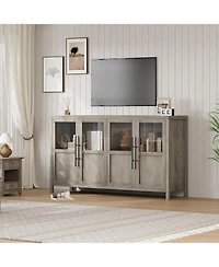 55" Sideboard Buffet Cabinet with 4 Glass Doors, Display Coffee Bar & Wine Storage, Modern Farmhouse Credenza for Dining Room, Kitchen, Living Ro