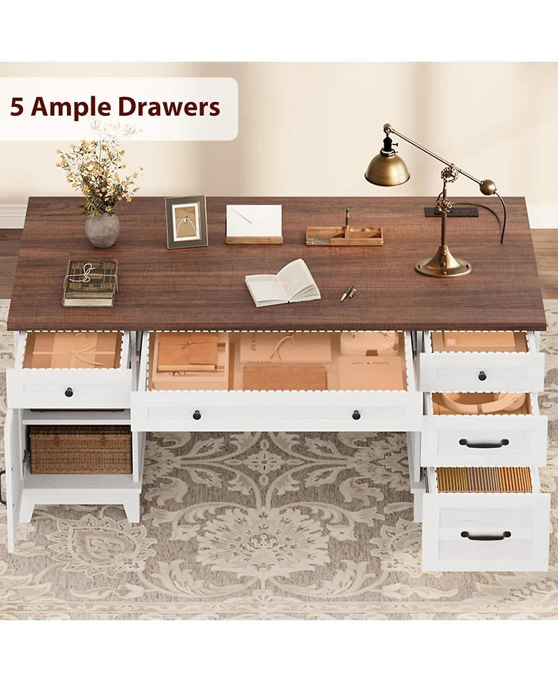 Gaomon 60" Farmhouse Executive Desk with File Drawers, Charging Station, Cabinet Storage, Home Office Computer Writing Desk