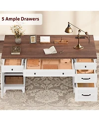 Gaomon 60" Farmhouse Executive Desk with File Drawers, Charging Station, Cabinet Storage, Home Office Computer Writing Desk