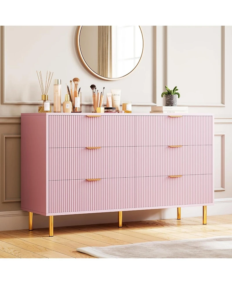 Gaomon Pink 6 Drawer Dresser, Modern Wood Double Chest of Drawers with Gold Handles, Large Storage Organizer for Bedroom, Living Room