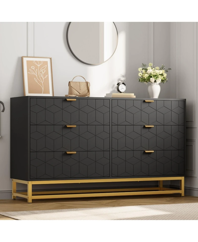 gaomon 53.5" 6-Drawer Dresser for Bedroom, Wide Modern Storage Chest with Metal Legs, Organizer Cabinet Entryway or Living Room