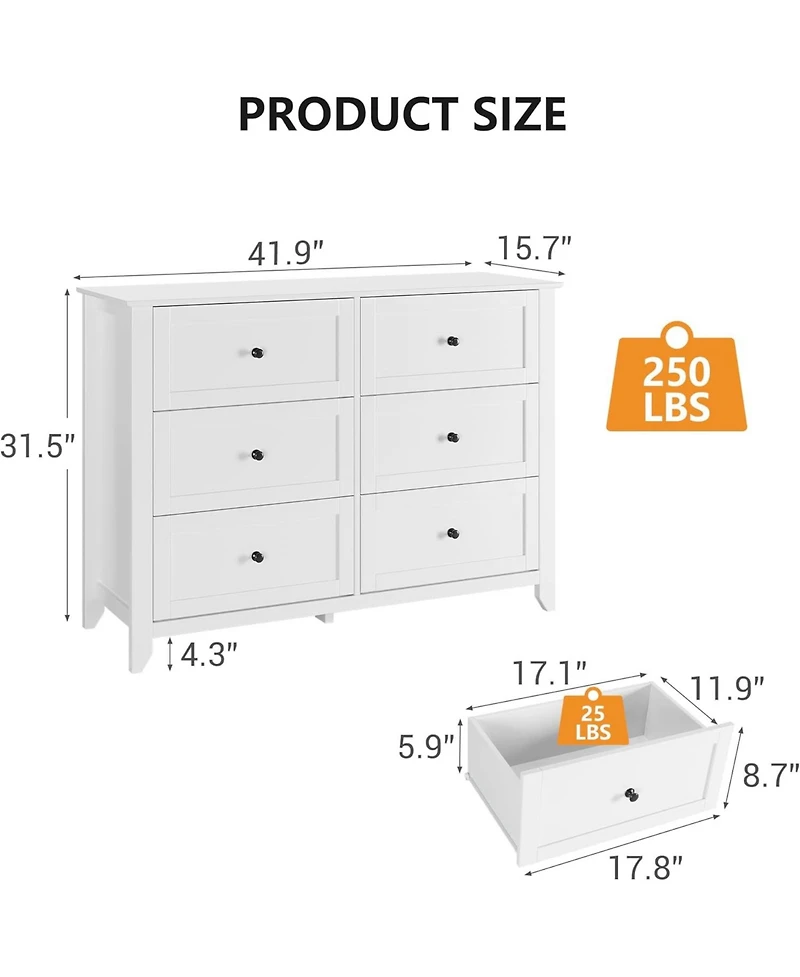 gaomon 6 Drawer Dresser for Bedroom, Wooden Chest with Deep Drawers and Metal Knobs Entryway, Hallway, or Kids Room