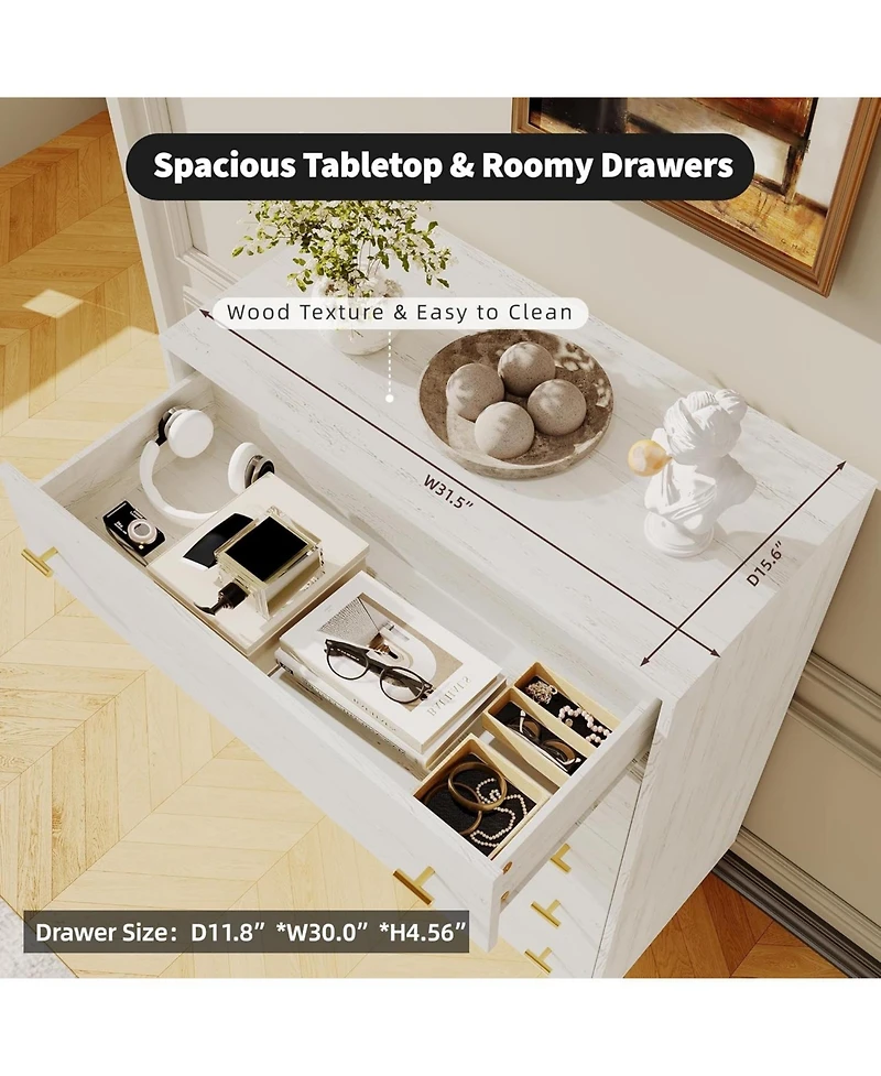 Gaomon Farmhouse 5 Drawer Dresser, 44" Tall White Wood Chest with Bar Handles and Rustic Texture for Bedroom, Living Room, Entryway