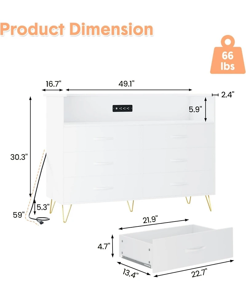 Gaomon 6-Drawer Dresser with Rgb Led Lights – Large Storage Chest for Bedroom, Entryway, Living Room, Stylish Tv Stand Cabinet