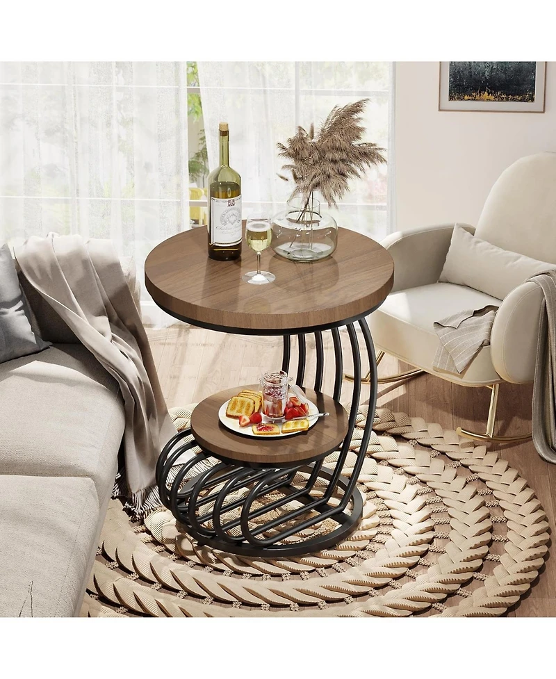 Tribesigns Round End Side Table Set of 2: Side Table with 2 Tiers Storage Shelves, Vintage End Table