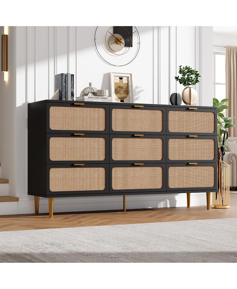 gaomon Rattan -Drawer Dresser, Tall Wood Chest with Wide Top, Large Storage Cabinet for Bedroom, Living Room