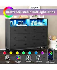 gaomon 6-Drawer Wide Bedroom Dresser with Charging Station and Led Lights, Modern Large Capacity Storage Cabinet, Pink