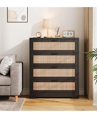 Gaomon Modern Rattan 4-Drawer Wood Dresser with Power Station, Tall Storage Chest for Bedroom, Hallway, Entryway, or Living Room