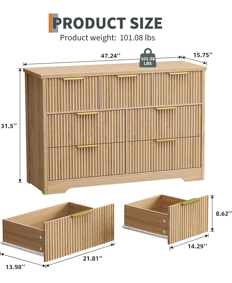 gaomon 7-Drawer Fluted Bedroom Dresser, Long Wood Storage Cabinet with Metal Handles, Modern Tv Stand and Wicker Drawer Chest, Natural Oak