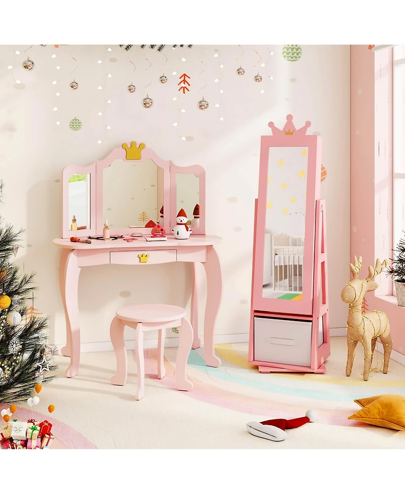 Gymax Kids Vanity Set Princess Makeup Dressing Table and Chair Set w/ Jewelry Armoire