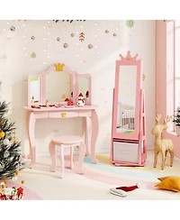 Gymax Kids Vanity Set Princess Makeup Dressing Table and Chair Set w/ Jewelry Armoire