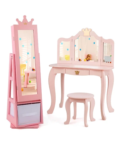 Gymax Kids Vanity Set Princess Makeup Dressing Table and Chair Set w/ Jewelry Armoire