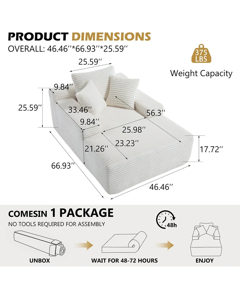 Boyel Living 67 Inch White Velvet Chaise Lounge Chair with 9.9 Wide Armrests and Deep Seat for Room