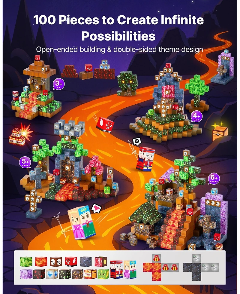 Mecale Magnetic Blocks, 100-Piece Dark Castle Magnetic Cube Building Set for Kids Ages 3