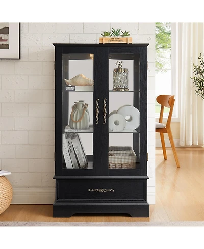 Streamdale Furniture Streamdale Lighted Glass Curio Cabinet - 2-Door Display, Drawer, Bulb - Black