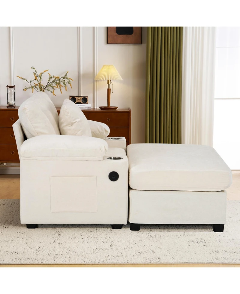 Streamdale Furniture Oversized Chenille Chair with Ottoman Usb & Cupholders