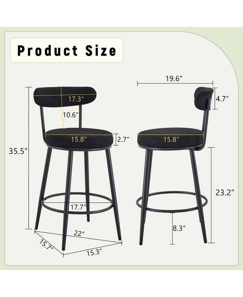 Streamdale Furniture Ergonomic High Leg Bar Chairs - Black Fabric 35.5" - 2 Pack