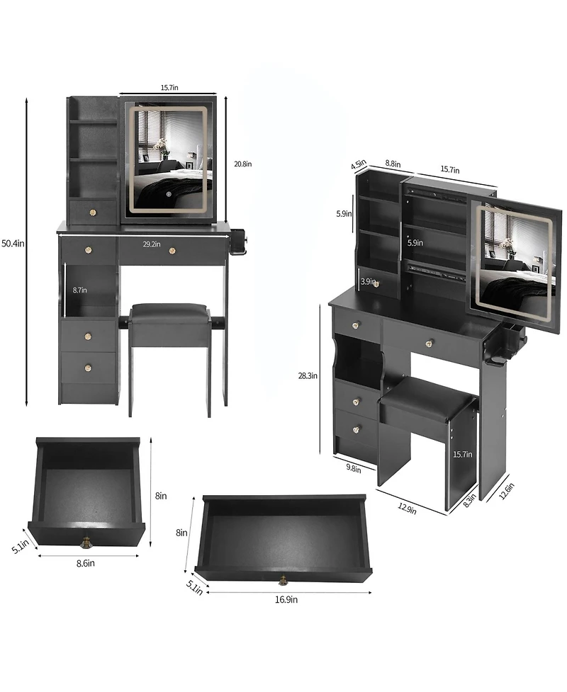Streamdale Furniture Vanity Table with Charging Station & Led Mirror