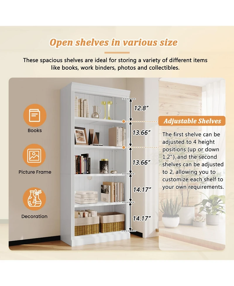 Streamdale 83" Tall 5-Tier Bookcase with Light & Adjustable Shelves