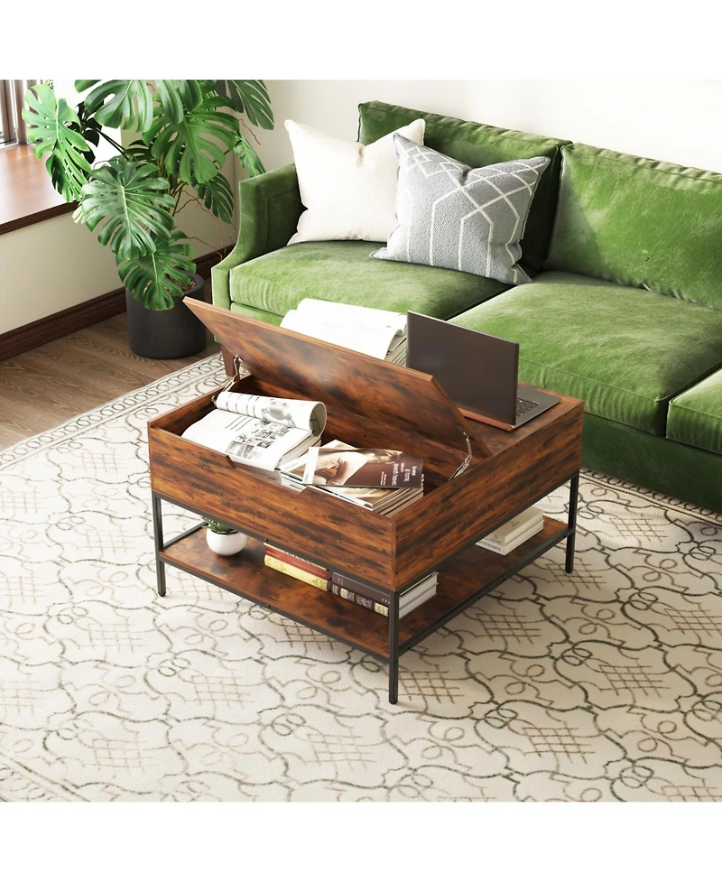 Streamdale Furniture Flip-Top Coffee Table - Dark Walnut & Black Metal - Lift-Top w/ Storage