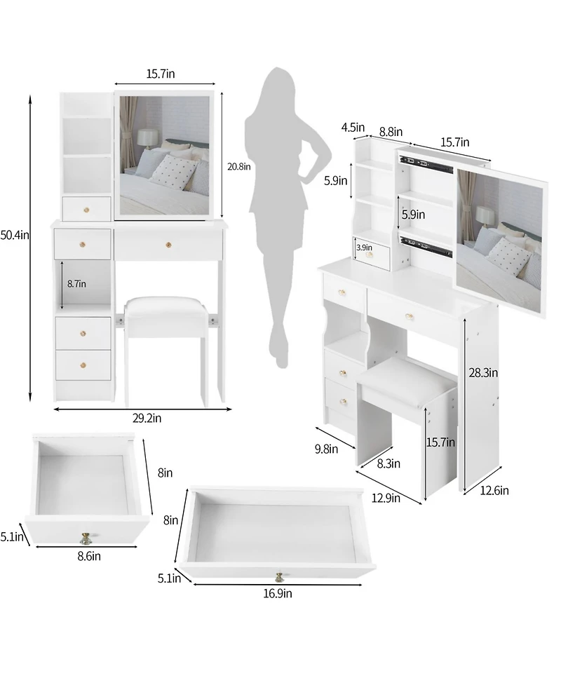 Streamdale Compact Vanity with Mirror & Stool, Multi-Layer Storage