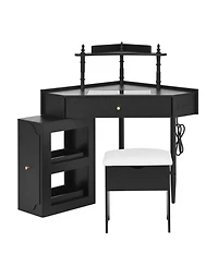 Streamdale Corner Vanity Desk Set, Cushioned Stool, Charging Station, Black
