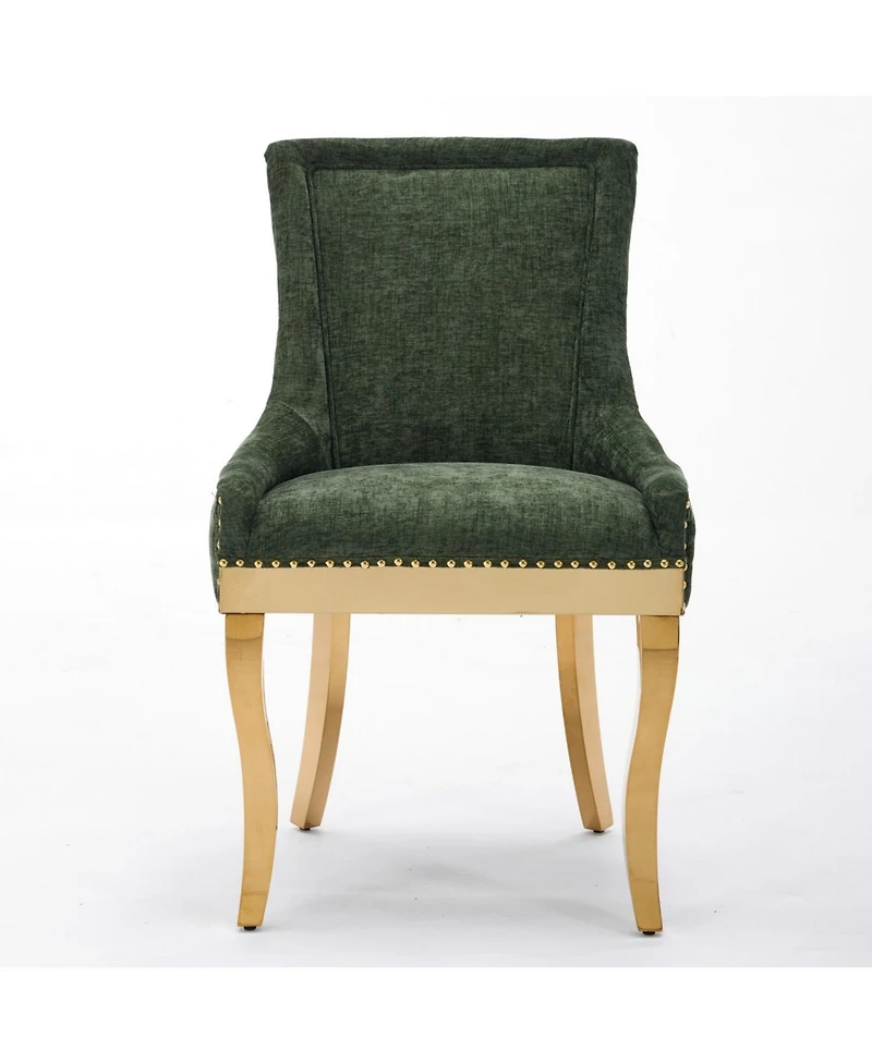 Streamdale Furniture Chenille Dining Chairs, Gold Legs, Rivet Trim, Green, Set of 2