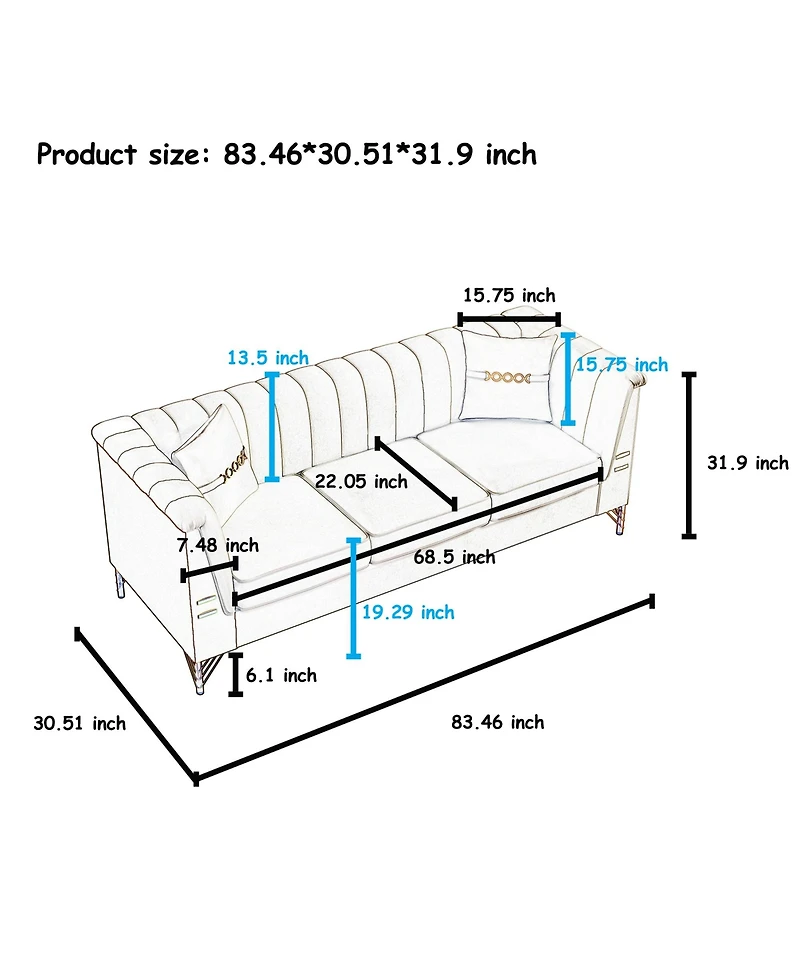Streamdale Furniture Streamdale Modern Velvet 3-Seater Sofa, Tufted Back
