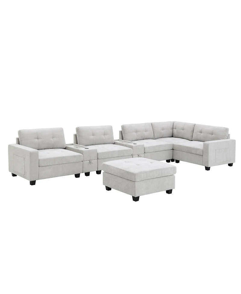 Streamdale Furniture 104" Tufted Sectional Sofa with Acrylic Table, Consoles, Usb Charger, Storage, Ottoman