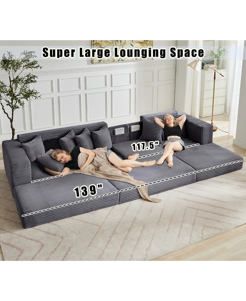 Streamdale Furniture Oversize Cloud Couch, L-Shape Sleeper Sofa, 8 Pillows, Corduroy, Dark Gray (Right Facing