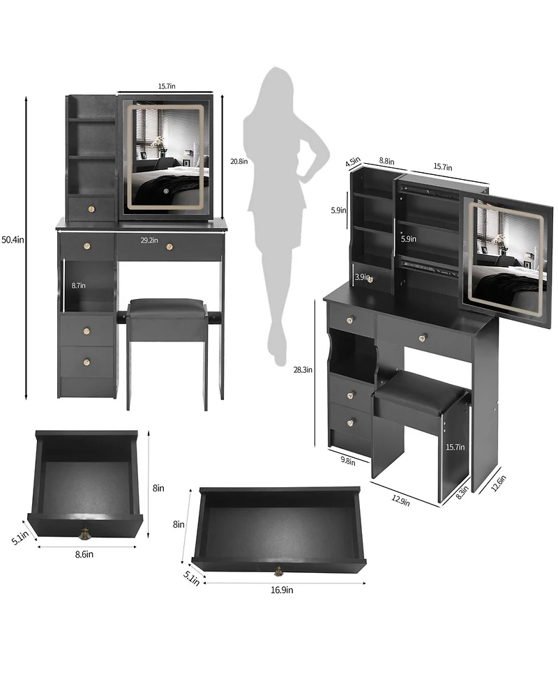 Streamdale Compact Vanity Set Touchscreen Led Mirror, Adjustable Lighting
