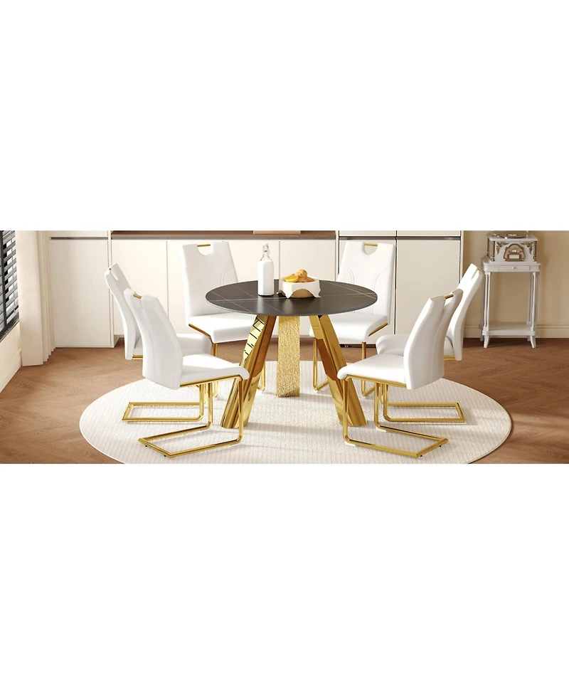 Streamdale Furniture 42" Round Sintered Stone Table & 6 White/Gold Chairs