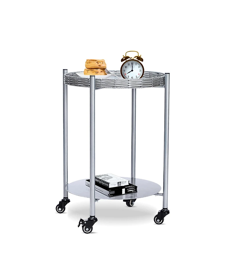 Streamdale Furniture Rolling Coffee Table - 2-Tier Silver Metal Side Table