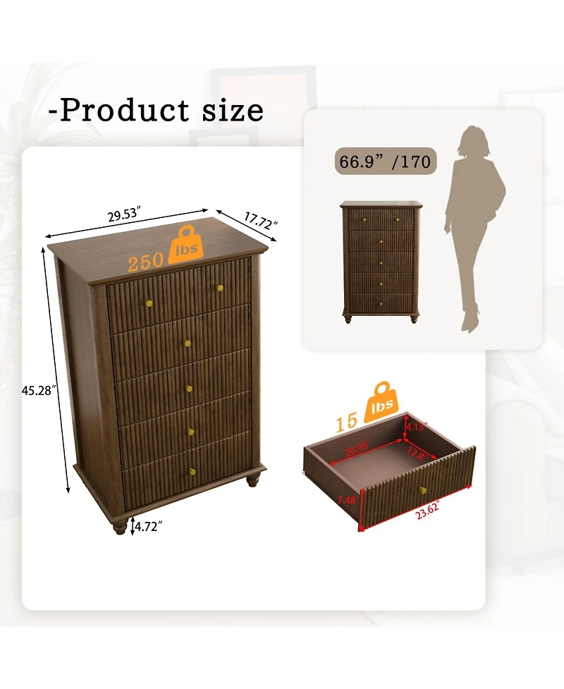 Streamdale Furniture Streamdale Fluted 5-Drawer Dresser - Walnut